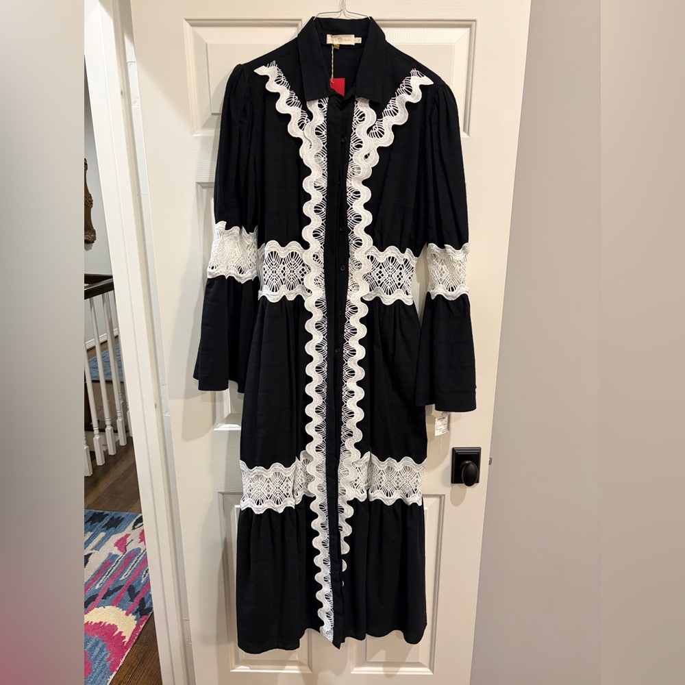 Elegant Black and White Linen Maxi Dress Size XL NWT Cristina Sabatini